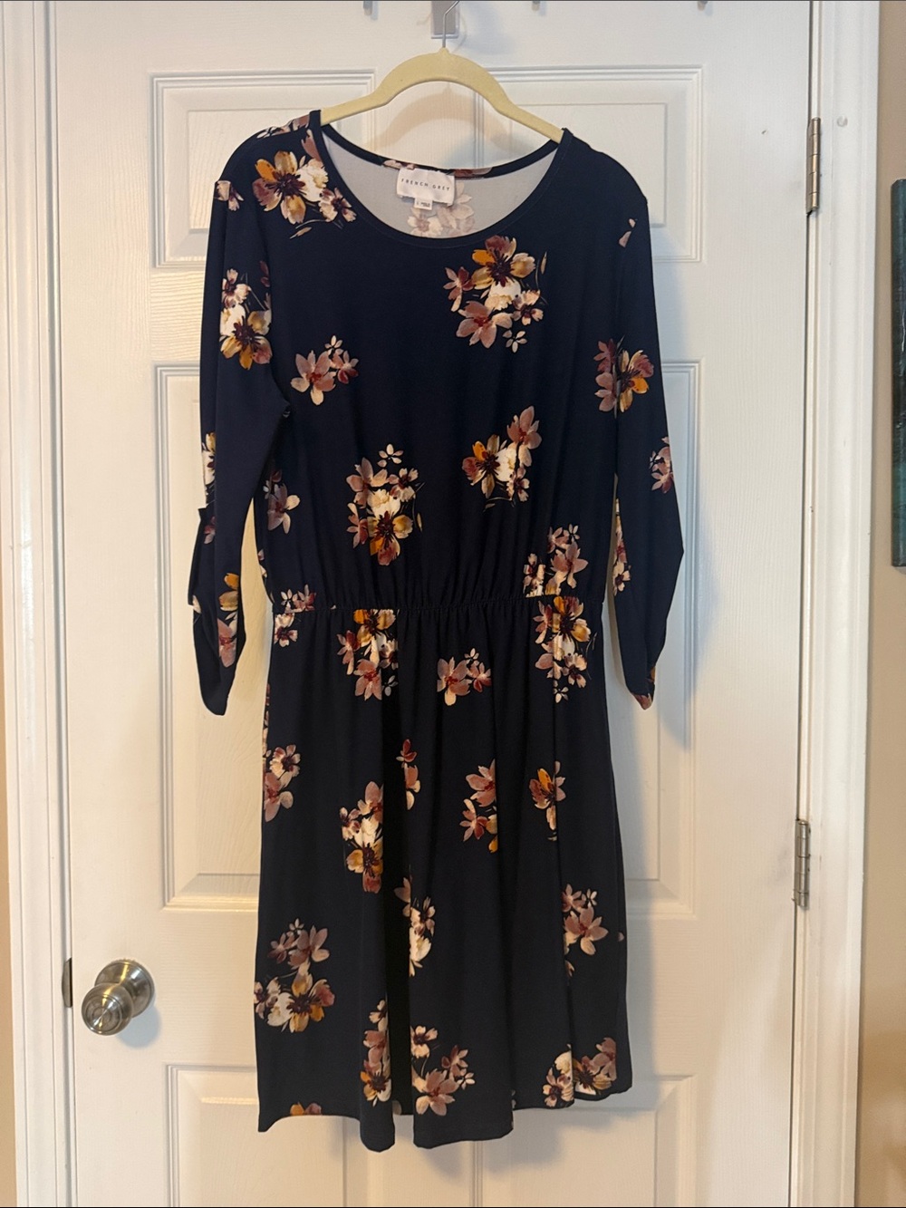 French Grey Navy Floral Scoop-Neck Dress